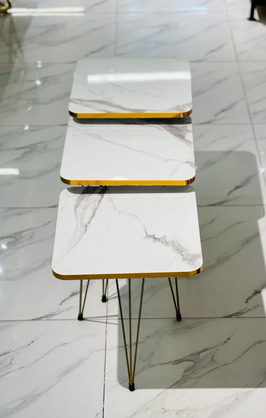 3 Pcs Nesting Table Set Square [White And Golden ]