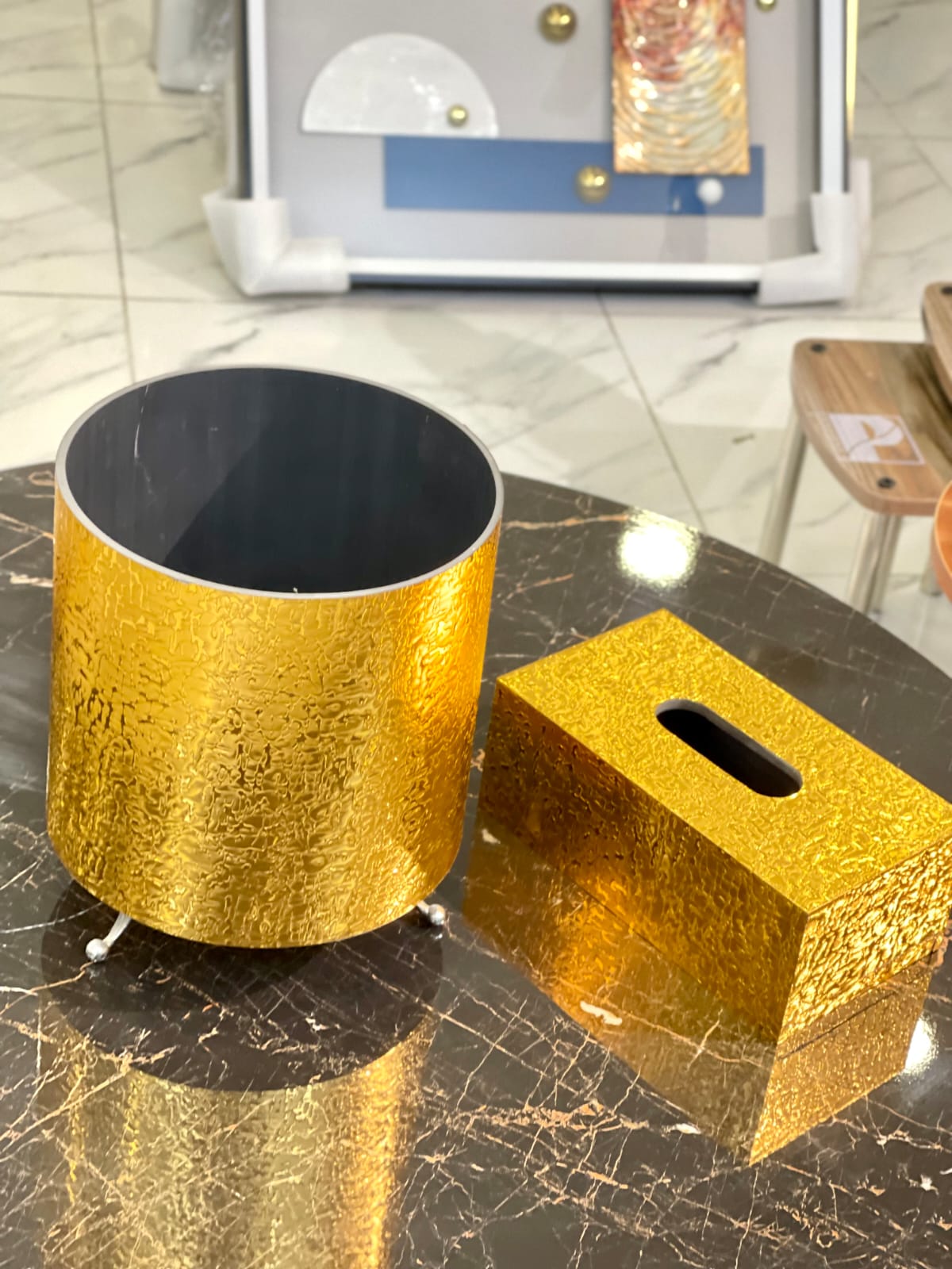 Golden Wooden Dustbin & Tissue Box