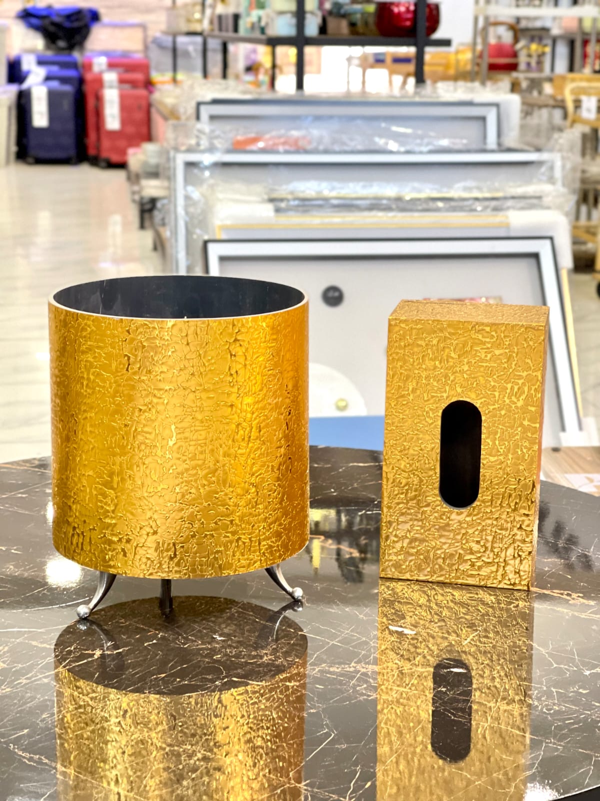 Golden Wooden Dustbin & Tissue Box