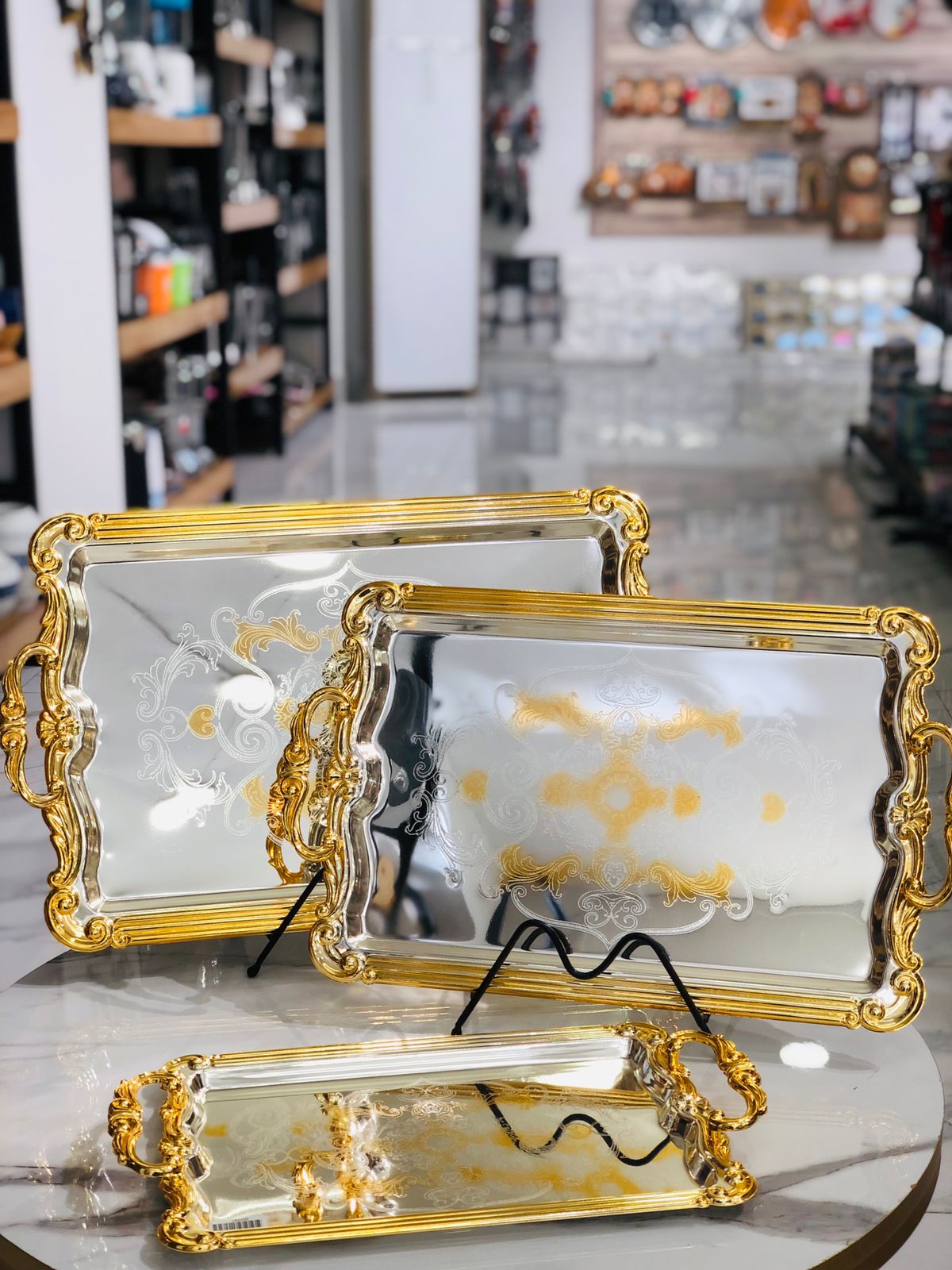 3pcs Golden Metal Tray Set